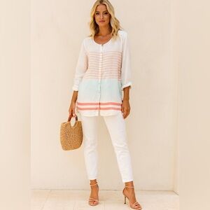 C&C California Striped Linen Blouse Cream Pink Blue